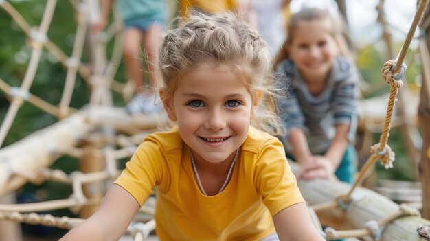 Smiling children enjoying an adventure park climbing on a rope bridge in a fun outdoor