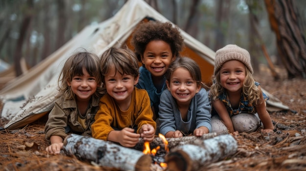 Photo smiling children gather around campfire in forest tent