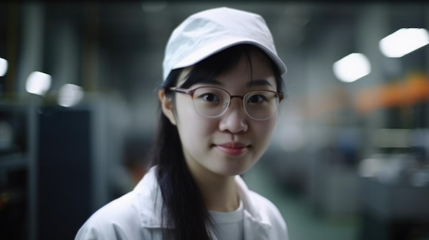 A smiling Chinese female electronic factory worker standing in factory