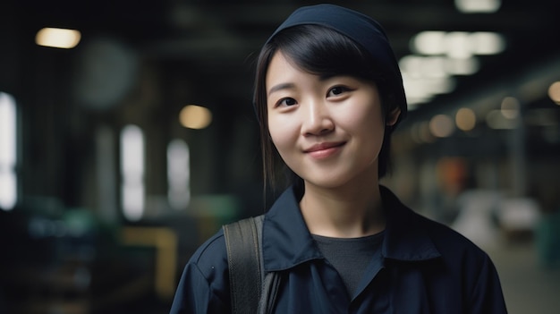 A smiling Chinese female factory worker standing in warehouse