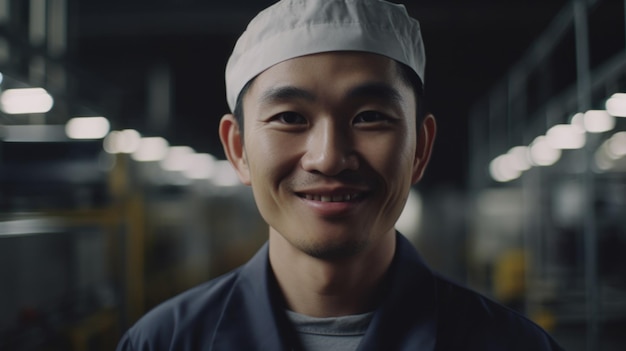 A smiling Chinese male electronic factory worker standing in factory