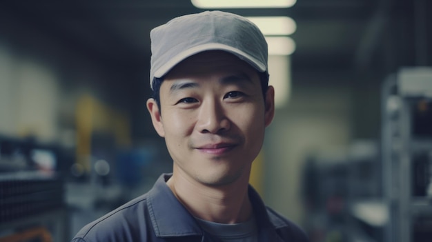 A smiling Chinese male electronic factory worker standing in factory