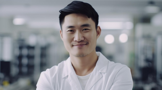 A smiling Chinese male electronic factory worker standing in factory