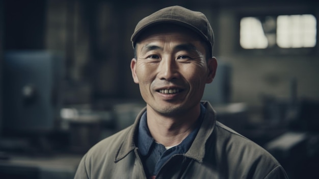 A smiling Chinese male factory worker standing in metal sheet factory