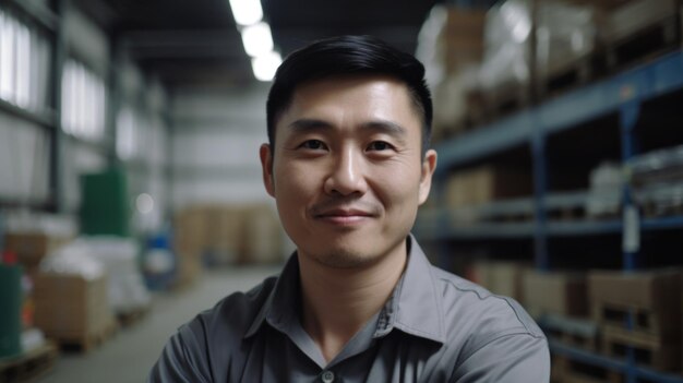 A smiling Chinese male factory worker standing in warehouse