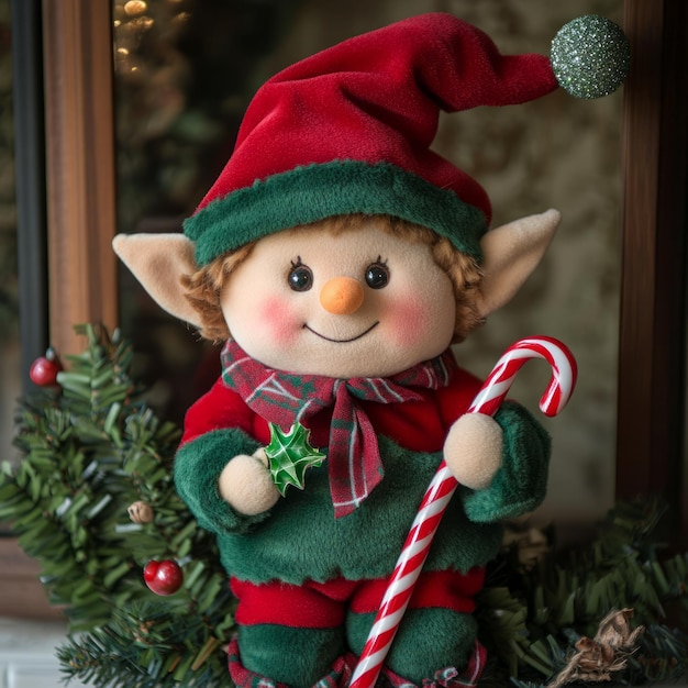 Photo a smiling christmas elf doll with a candy cane and a star