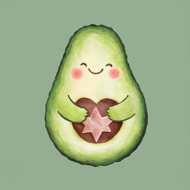 Photo smiling chubby avocado holding heart with star pit on pastel green background