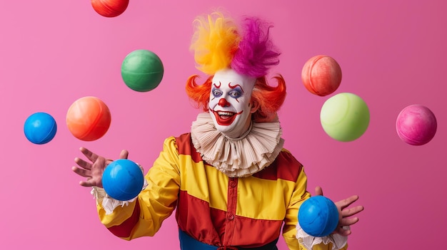 A smiling clown juggles colorful balls against a pink background