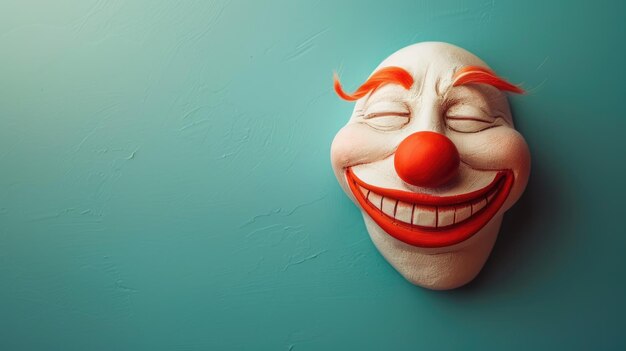 Photo smiling clown mask with red nose and eyebrows on teal background