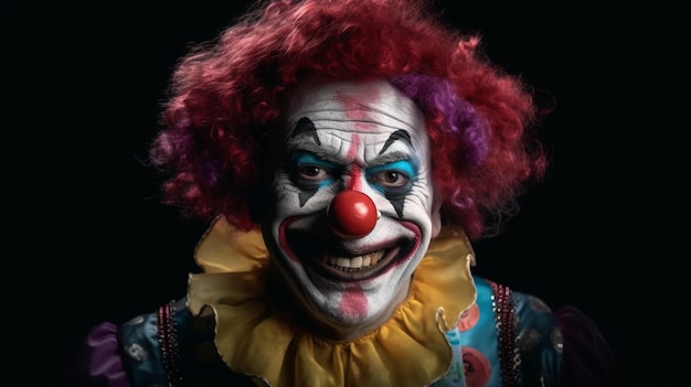 A smiling clown with a red nose and purple hair is in a dark room