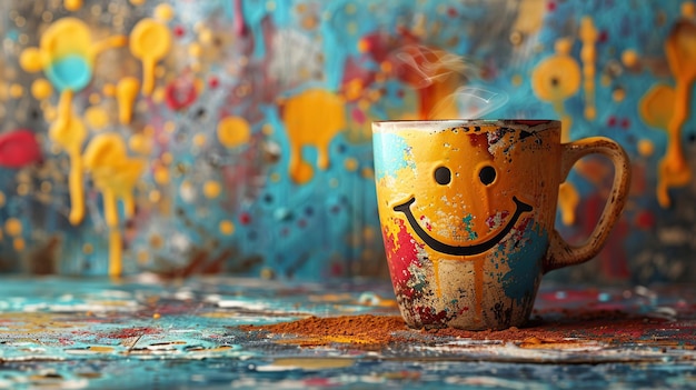 Photo smiling coffee mug with colorful background