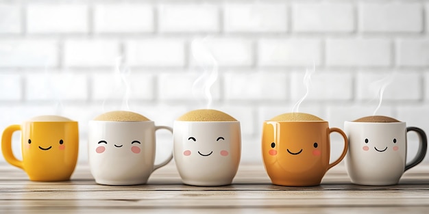 Photo smiling coffee mugs on a wooden table