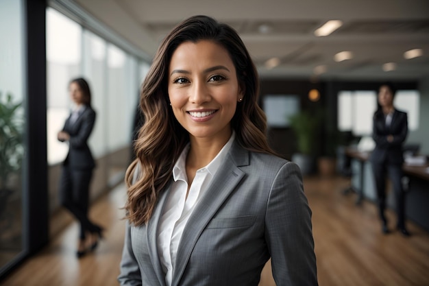 Smiling confident business leader looking at camera and standing in an office at team meeting