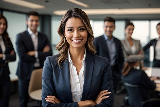 Smiling confident business leader looking at camera and standing in an office at team meeting