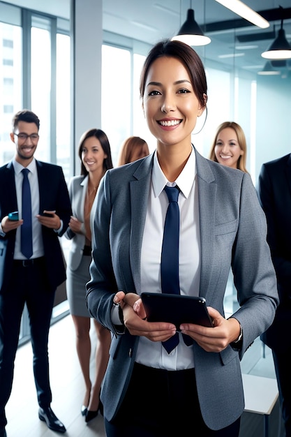 A smiling confident business leader stands in an office Aigenerated