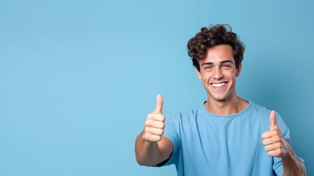 smiling confident man showing thumbs up on blue background