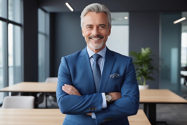 Smiling confident middle aged business man mature older professional company ceo corporate leader wearing blue suit standing in modern office with arms crossed looking at camera vertical portrait