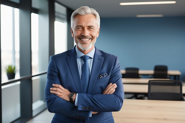 Smiling confident middle aged business man mature older professional company ceo corporate leader wearing blue suit standing in modern office with arms crossed looking at camera vertical portrait