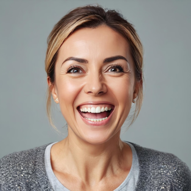 Smiling confident middle aged woman isolated on gray background