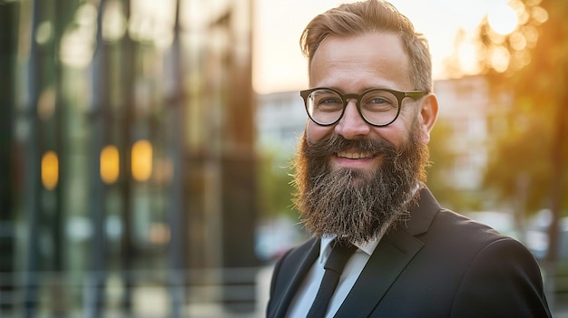 Photo smiling confident millennial businessman with a beard in a suit near an office building