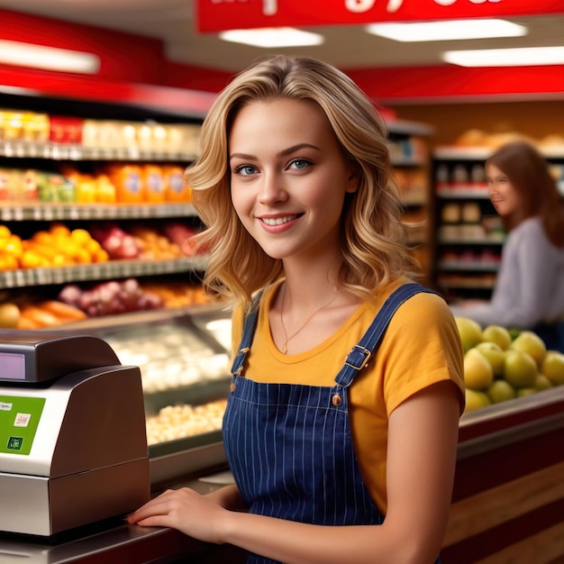 Smiling confident professional woman cashier working at a supermarket grocery