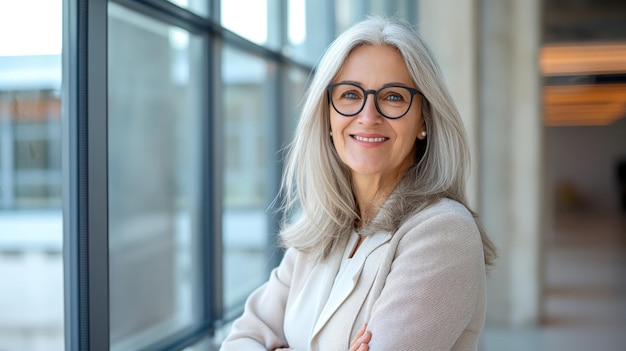 Smiling confident stylish mature middle aged woman standing at office Old senior businesswoman