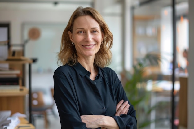 Smiling confident woman business leader in an office at team meeting