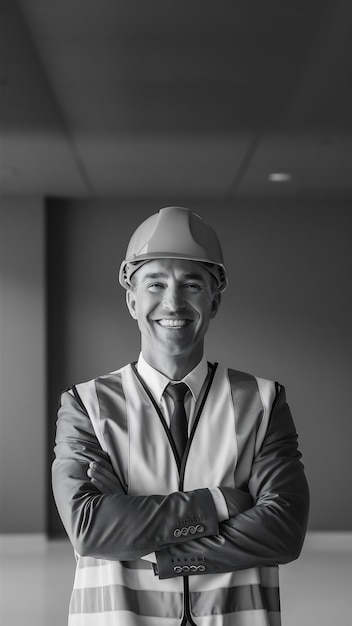 Smiling construction engineer posing with arms crossed isolated over grey background