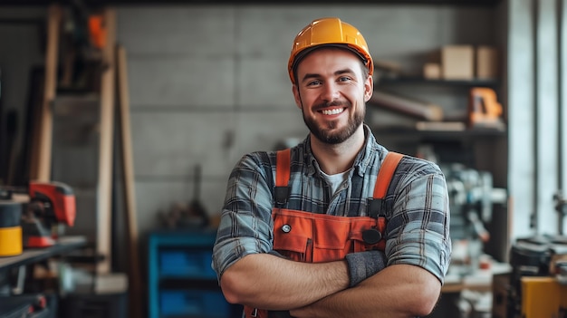 Photo a smiling construction worker in safety gear stands confidently in a wellequipped workshop during daylight hours