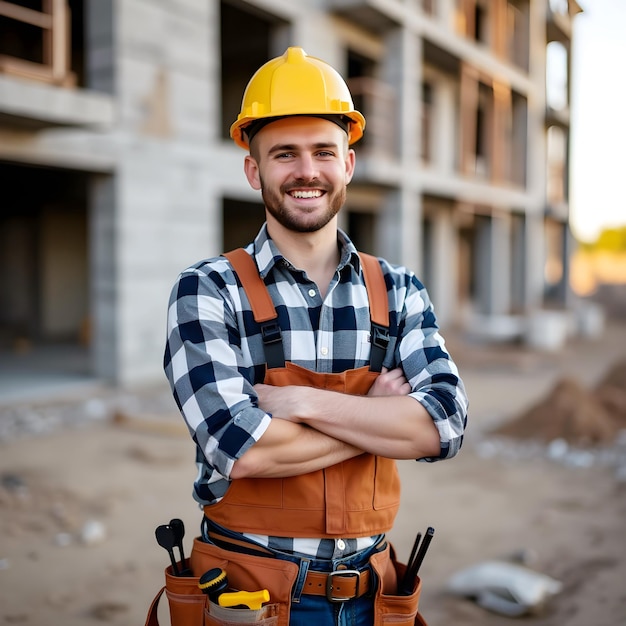 Photo smiling construction worker on site