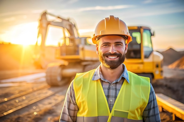 Smiling Construction Worker at Sunset Site