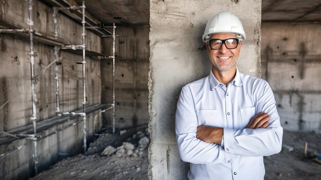 Smiling construction worker in uniform and helmet labour day concept with copy space