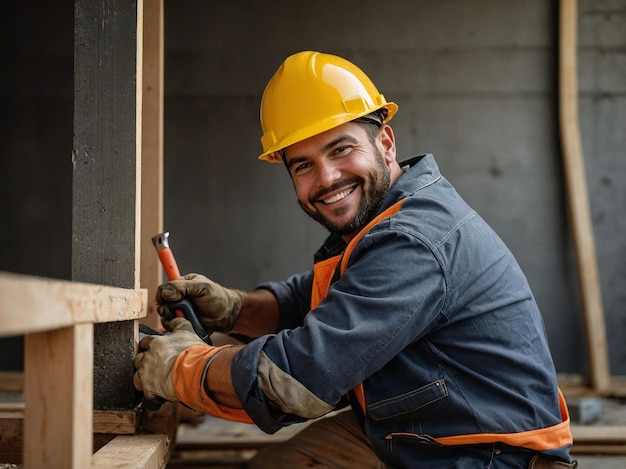 Photo smiling construction worker with work tool