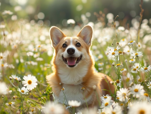 Smiling Corgi Dog in a Field of Daisies