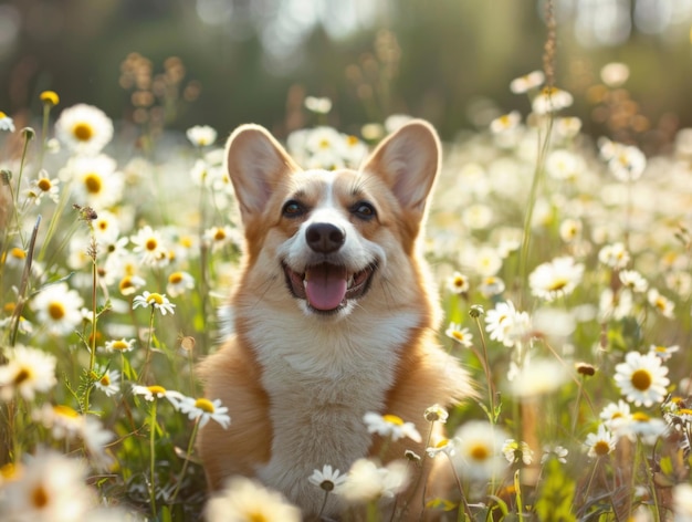 A Smiling Corgi Dog Surrounded by Daisies in a Field