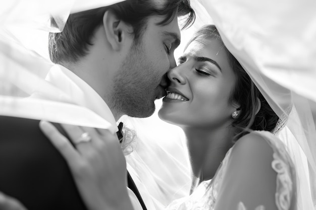 Photo smiling couple in black and white photo pose intimately bride in traditional wedding dress stands