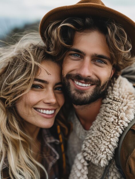 Smiling Couple in Cozy Outdoor Attire Natural Light Photography Happy Moments Close Up Portrait