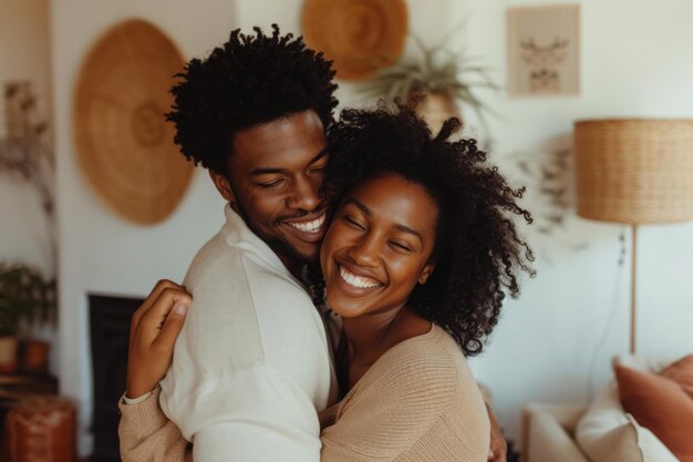 Photo smiling couple dancing and hugging in living room