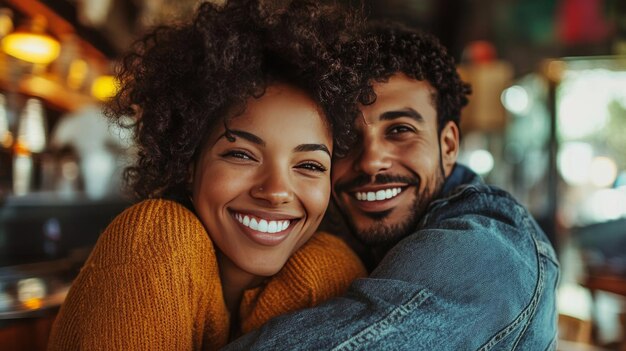 Photo smiling couple enjoying coffee date in cozy cafe