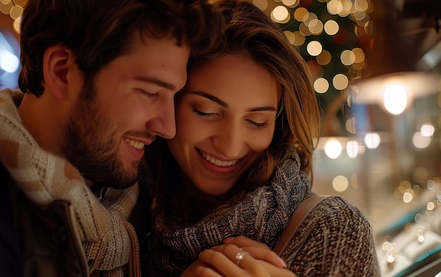 Smiling Couple Enjoying Holiday Lights in a City Market