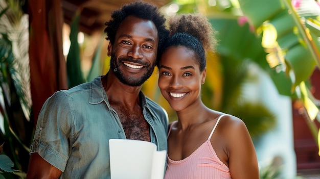 Smiling couple holding a map on tropical vacation