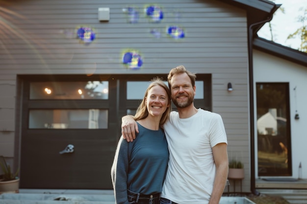 Photo a smiling couple poses in front of their cozy home exuding warmth and happiness a sense of personal achievement and domestic bliss