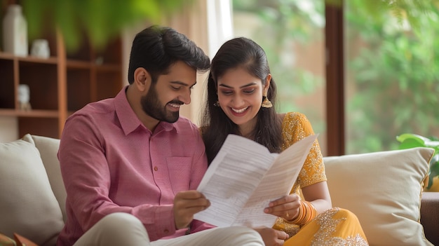 Smiling Couple Reading Documents On Couch In Living Room