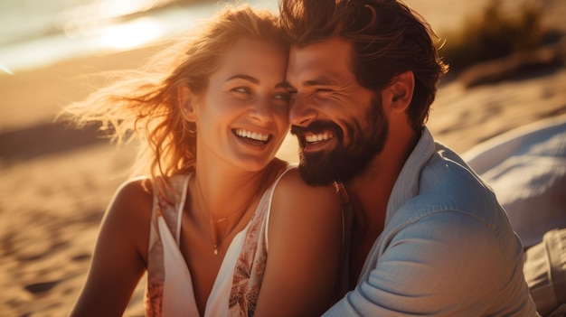 Smiling couple relaxing on sunny beach