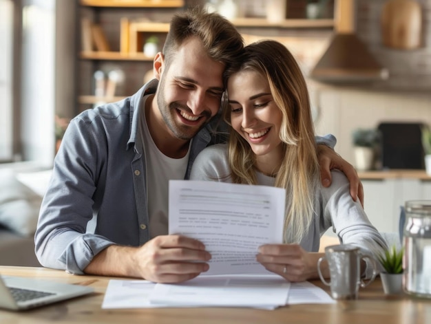 Smiling couple sitting at a table happily reviewing documents in a cozy home setting with a laptop a