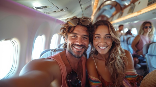 Smiling Couple Taking Selfie on Airplane During Travel