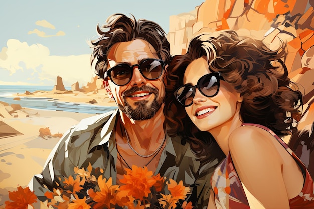 Smiling couple taking selfie with smartphone on beach summer Holidays vacation travel and people concept young happy couple in love newlyweds traveling on vacation taking selfie Generative AI