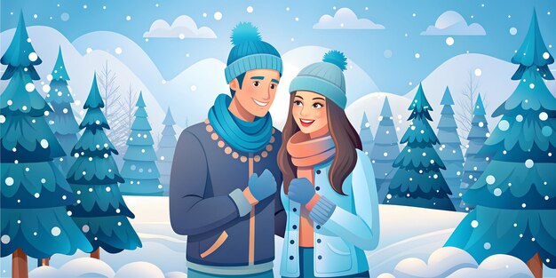 Smiling couple in winter clothes standing in snowy forest with fir trees Digital illustration Winter