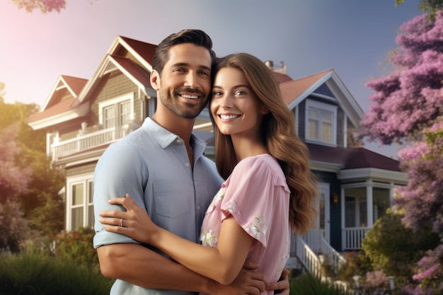 Smiling couple with large house on background