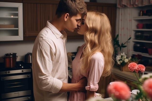 Smiling couple with roses and a surprise kiss in the kitchen for valentines day or anniversary